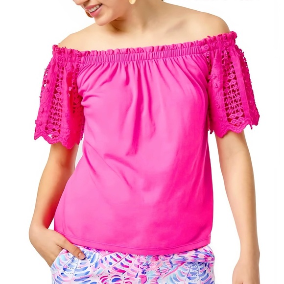 Lilly Pulitzer NWT Fayette Eyelet Sleeve Top Raz Berry Size XS - Picture 5 of 10